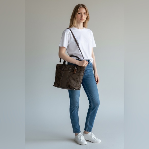 Coach Chocolate Brown Signature Stripe Tote F25771 - Picture 4 of 9